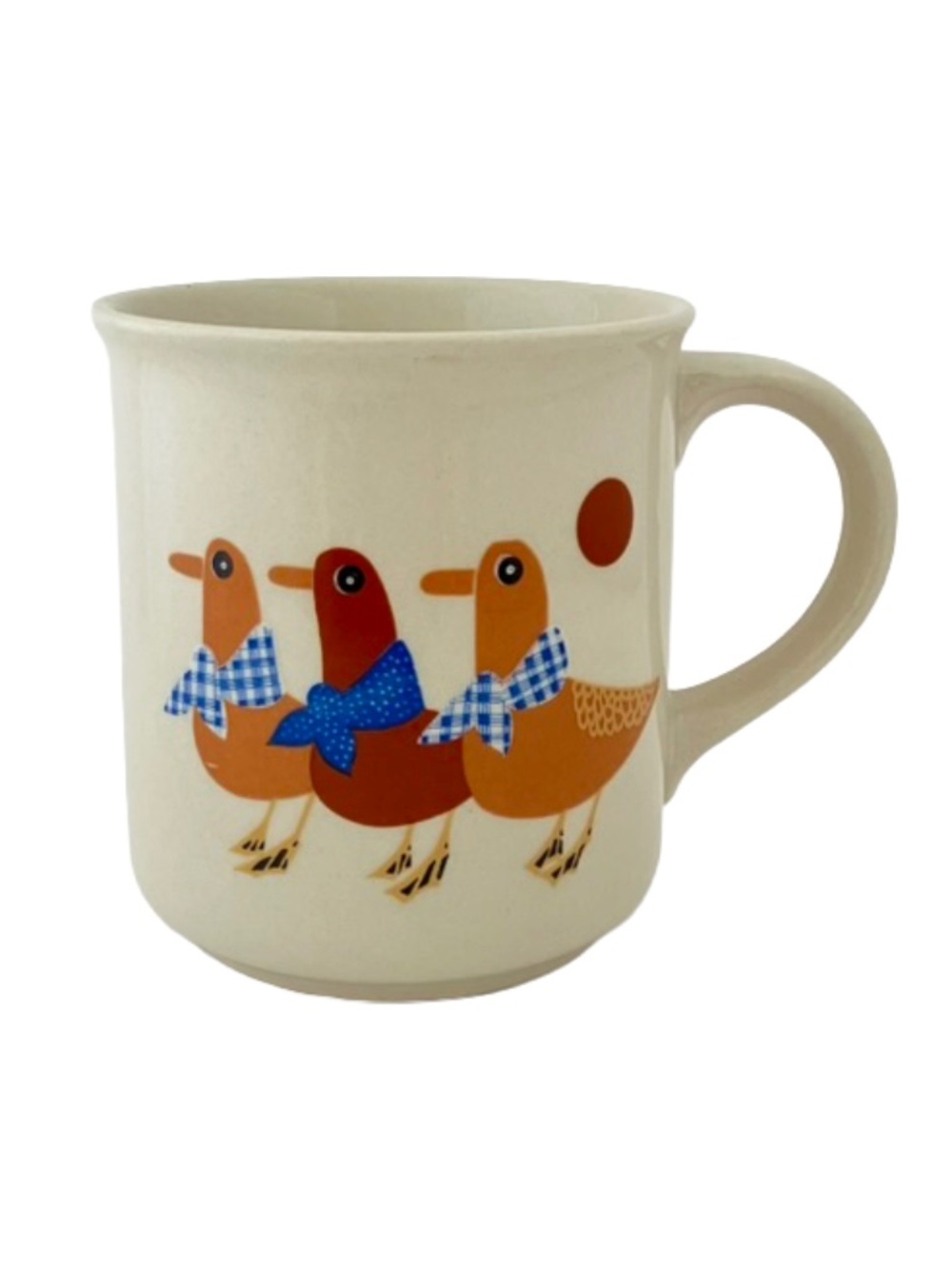 Ceramic mug features a charming trio of ducks wearing blue checkered neckerchief